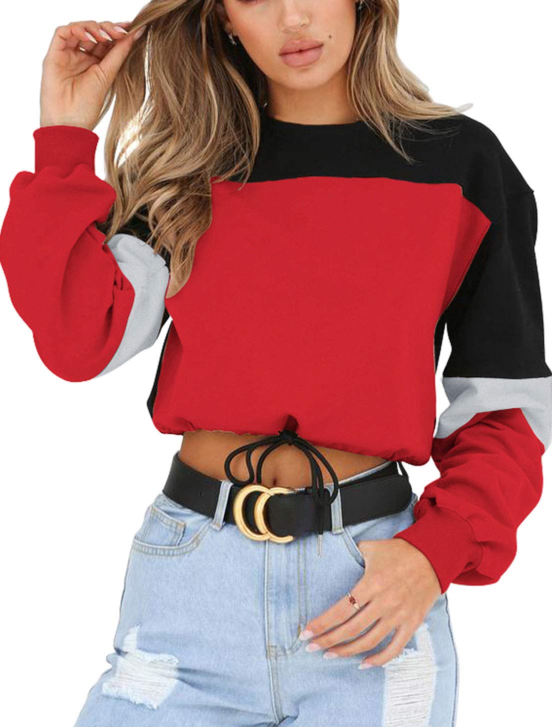 Semfri Womens Crop Top-Long Sleeve Patchwork Color Block Drawstring Hem Crewneck Pullover Sweatshirt (Red-S)