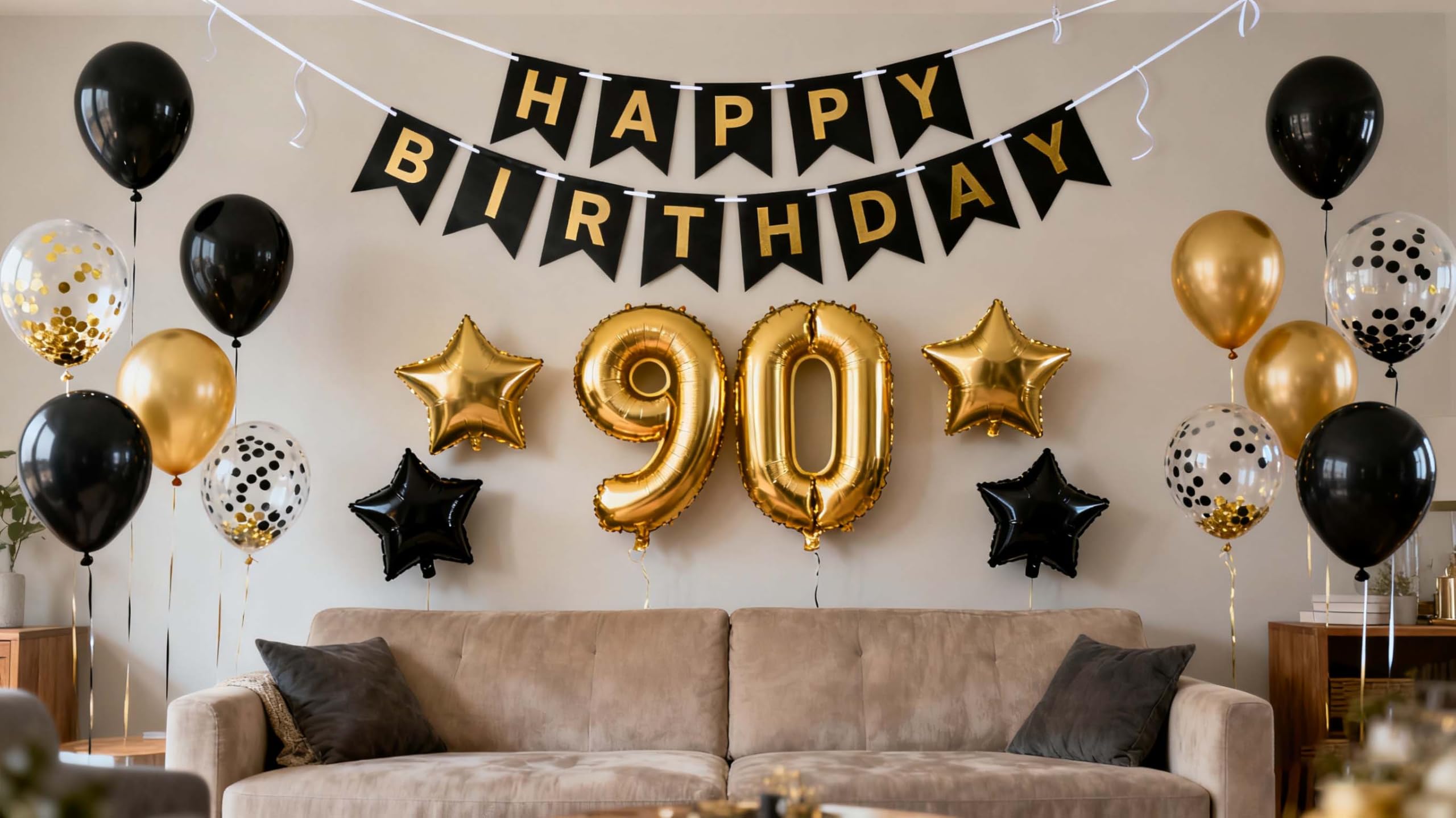 90th Birthday Decorations Black Gold for Men Women, Happy Birthday Banners Number 90 Balloons Star Foil Confetti Balloons for Him Her Mum Dads 90 Years Old
