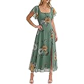 Caracilia Women Square Neck Floral Tulle Wedding Guest Bridemaid Dresses Summer Ruffle Sleeve High Slit Formal Midi Dress