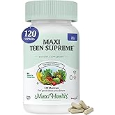 Maxi Health&reg; Teen Vitamins for Boys 12-17, Teen Multivitamin (120 Count) | Kosher | D3, Iron, Calcium, Biotin &amp; Enzymes | Energy, Brain &amp; Mood Support | Vegetarian &middot; Non-GMO | Doctor Formulated