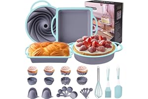 COOKSTYLE 43 in 1 Nonstick Silicone Bakeware Sets, Baking Pans Set, Baking Pan, Bundt Cake Pan, Bread Loaf Pan with Steel ring, Muffin Cups with Silicone Spatulas Pastry Brush Oven Mitts Whisk (Blue)