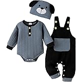 FOCUTEBB Baby Boy Clothes Cute Long Sleeve Romper Infant Pocket Overalls Adjustable Suspender Pants Set 0-18 Months