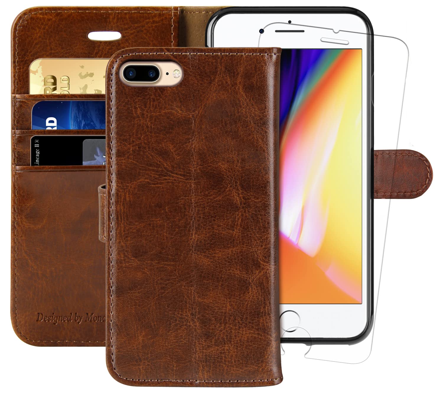 MONASAY Wallet Case for iPhone 7 Plus/8 Plus, 5.5-inch [Glass Screen Protector Included] Flip Folio Leather Cell Phone Cover with Credit Card Holder, Brown — image 1