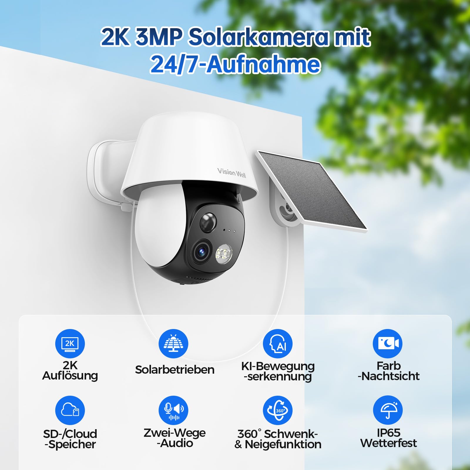 VISION WELL Solar Überwachungskamera Aussen, 2K 360° PTZ WLAN IP Kamera Kabellos, PIR Personenerkennung, Farbnachtsicht, Sirene & Lichtalarm, 2-Wege-Audio, IP65 Wetterfest, SD/Cloud 2