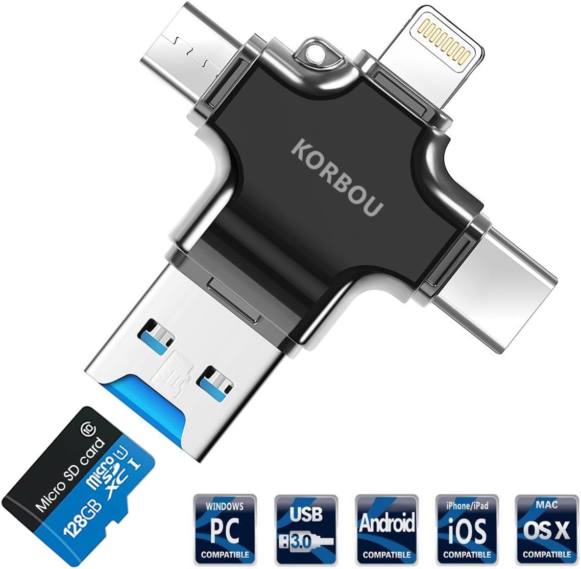 Card Reader, 4 in 1 Micro SD Card Reader with Type C USB Lightning Connector OTG HUB Adapter, TF Flash Memory Card Readers for iPhone, iPad, Mac, PC, Android USB 3.0 (Black)