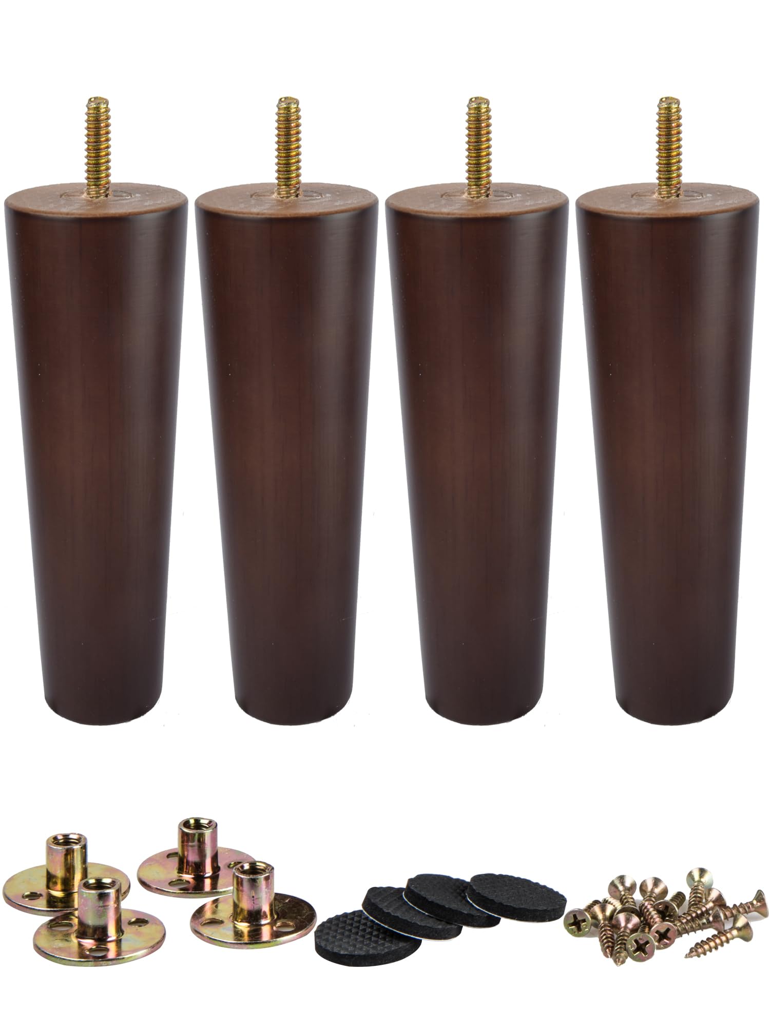 La Vane 6 inch Solid Wood Furniture Legs (15cm) - Walnut Finish Tapered Replacement Feet with M8 Thread & Mounting Plates - Set of 4 for Sofa, Couch, Cabinet, Ottoman