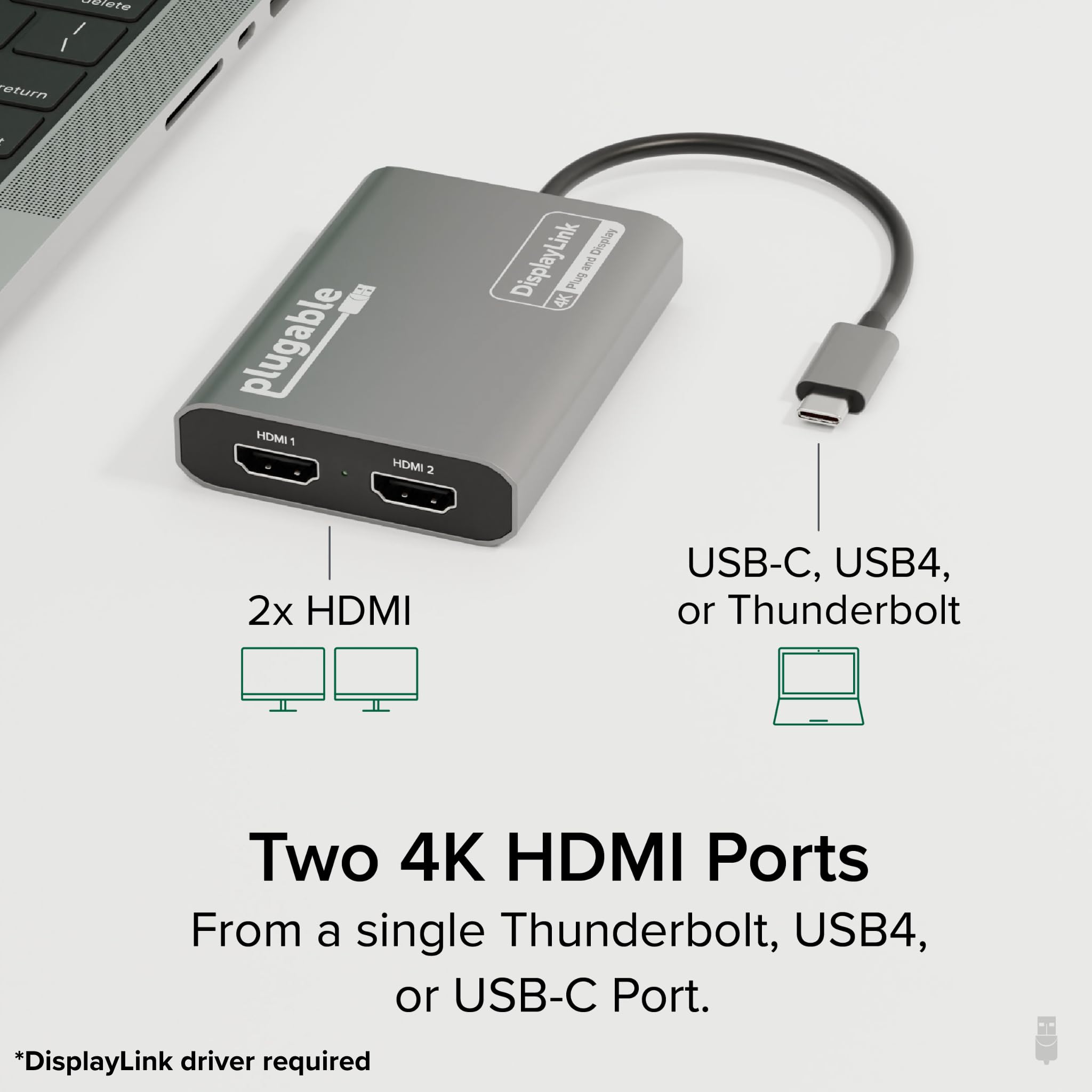 Plugable USB C to HDMI Adapter, Dual Monitor 4K 60Hz for Apple Mac M1/M2/M3, DisplayLink Multiple Displays for Thunderbolt MacBook or iMac, Driver Required (USBC-6950M)