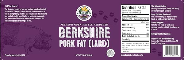CORNHUSKER KITCHEN GOURMET PREMIUM RENDERED EDIBLE BERKSHIRE PORK FAT (LARD) ANIMAL COOKING OIL 14OZ JAR – SHELF STABLE