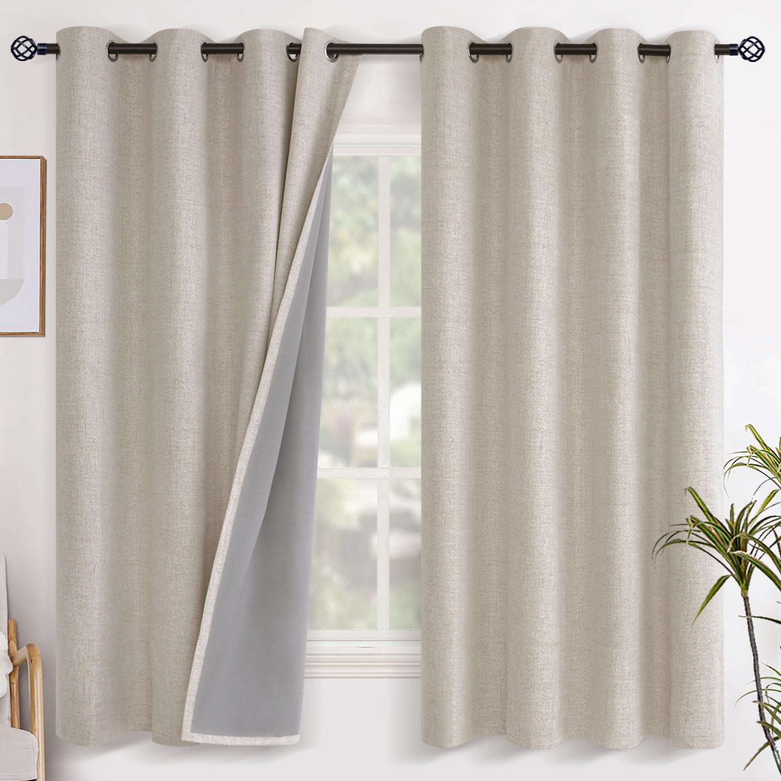 YoungsTex Oatmeal Linen Blackout Curtains for Bedroom 63 Inch Length, Room Darkening Window Drapes Heat Blocking for Living Room Farmhouse Thermal Insulated with Grommet, 2 Panels, 52 X 63 Inch Image