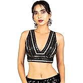 FIGURE'S DESIGNER Women's Sequin Embroidered SabyaSachi Cut V Neck Sleeveless Readymade Saree Blouse E24