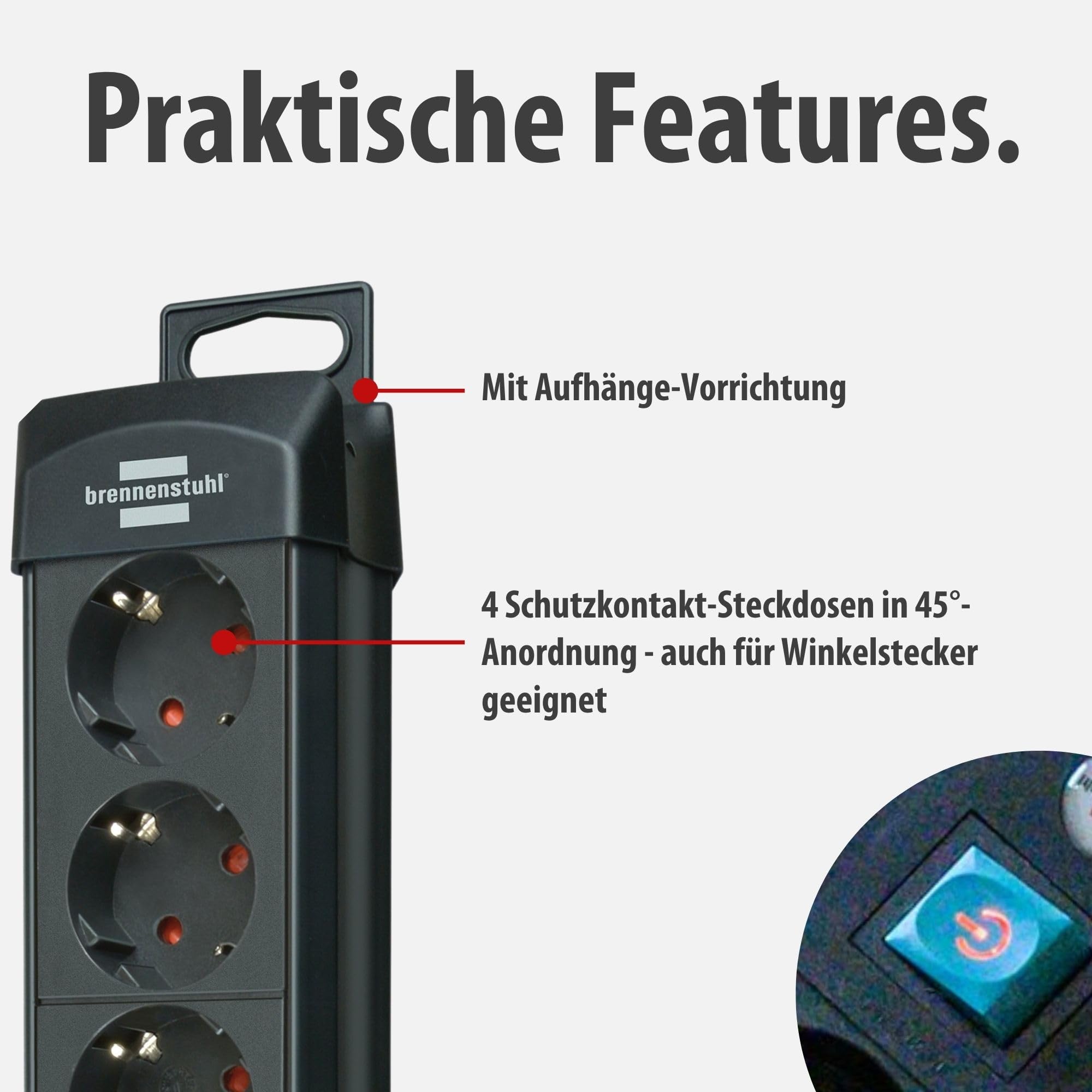 Brennenstuhl Premium-Line Steckdosenleiste 4-Fach (Mehrfachsteckdose mit Schalter und 1,8m Kabel -45° Winkel der Schutzkontakt-Steckdosen, Made in Germany) schwarz 3