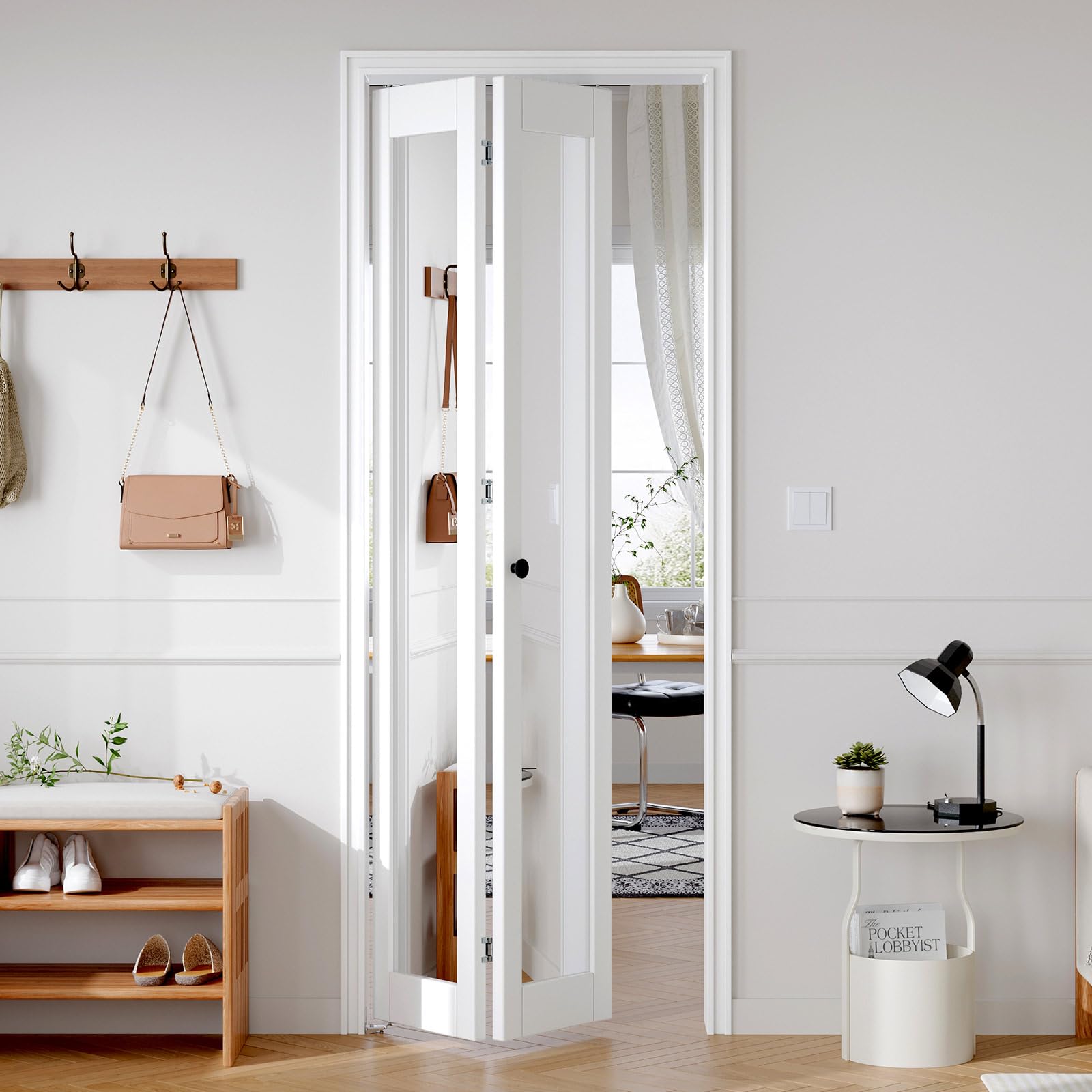 Photo 1 of FREDBECK Bifold Door for 30x80 Opening (Double 15x80) with 1 Lites Mirror ,Interior Bi fold Barn Doors and Concealed Hardware Kit Included, PVC Surface, White,for Closet,Pantry,Kicthen