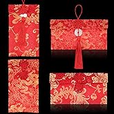 4 Pieces Silk Red Envelope Chinese Red Pocket Lucky Money Hong Bao Card Envelope for Spring Festival Wedding New Year Birthday, 4 Styles with Chinese Knot Jade Pendant Copper Coin (4)