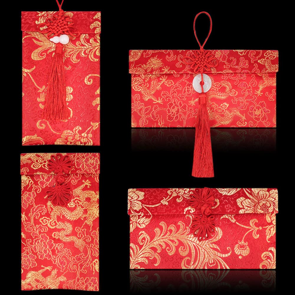 Photo 1 of 4 Pieces Silk Red Envelope Chinese Red Pocket Lucky Money Hong Bao Card Envelope for Spring Festival Wedding New Year Birthday, 4 Styles with Chinese Knot Jade Pendant Copper Coin (4)