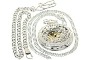 FOBTIME Silver Vintage Antique Case Pocket Watch Fob Watch for Men Women Girls Boys Gifting Occasion with 1 PC Necklace Chain 1 PC Clip Key Rib Chain