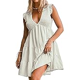 CUPSHE Women's Smocked Mini Dress Plunging V Neck Ruffled Summer Beach Cover Up Dress