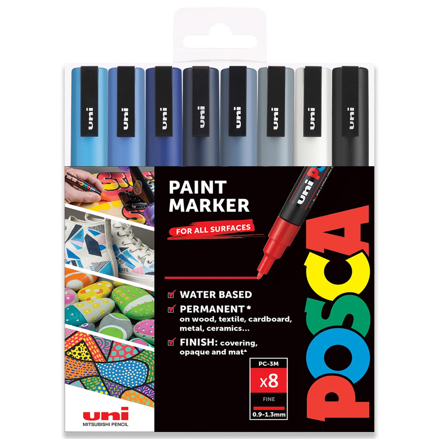 POSCA PC-3M Paint Marker Art Pens - 0.9-1.3mm – Cool Tones Tones Set of 8 Pens in Gift Box