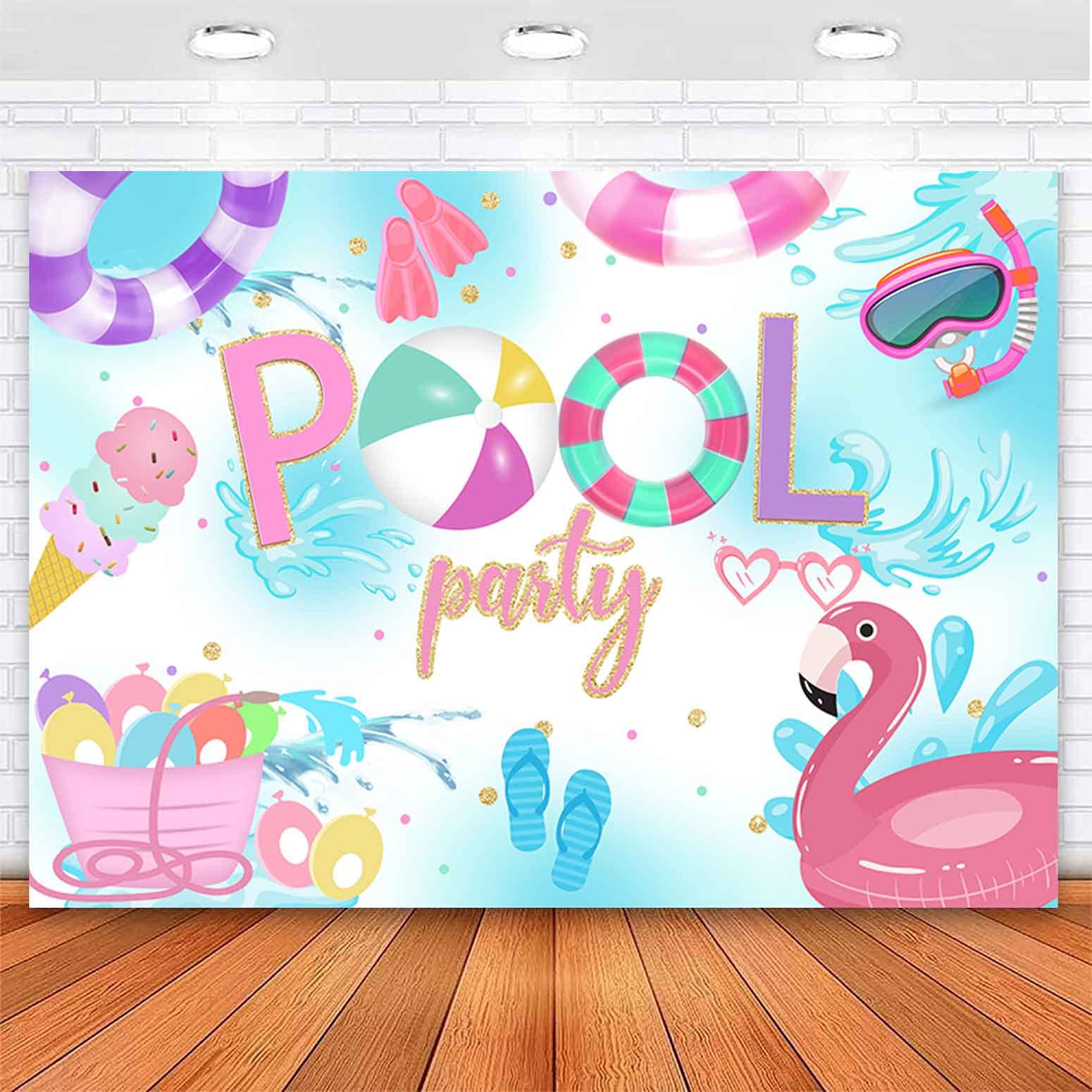 Photo 1 of Sensfun Summer Pool Party Backdrop Swimming Beach Ball Girls Birthday Decorations Vinyl Banner Splish Splash Pool Flamingo Lifebuoy Ice Cream Summer Holiday Background Photo Booth Props 7x5ft