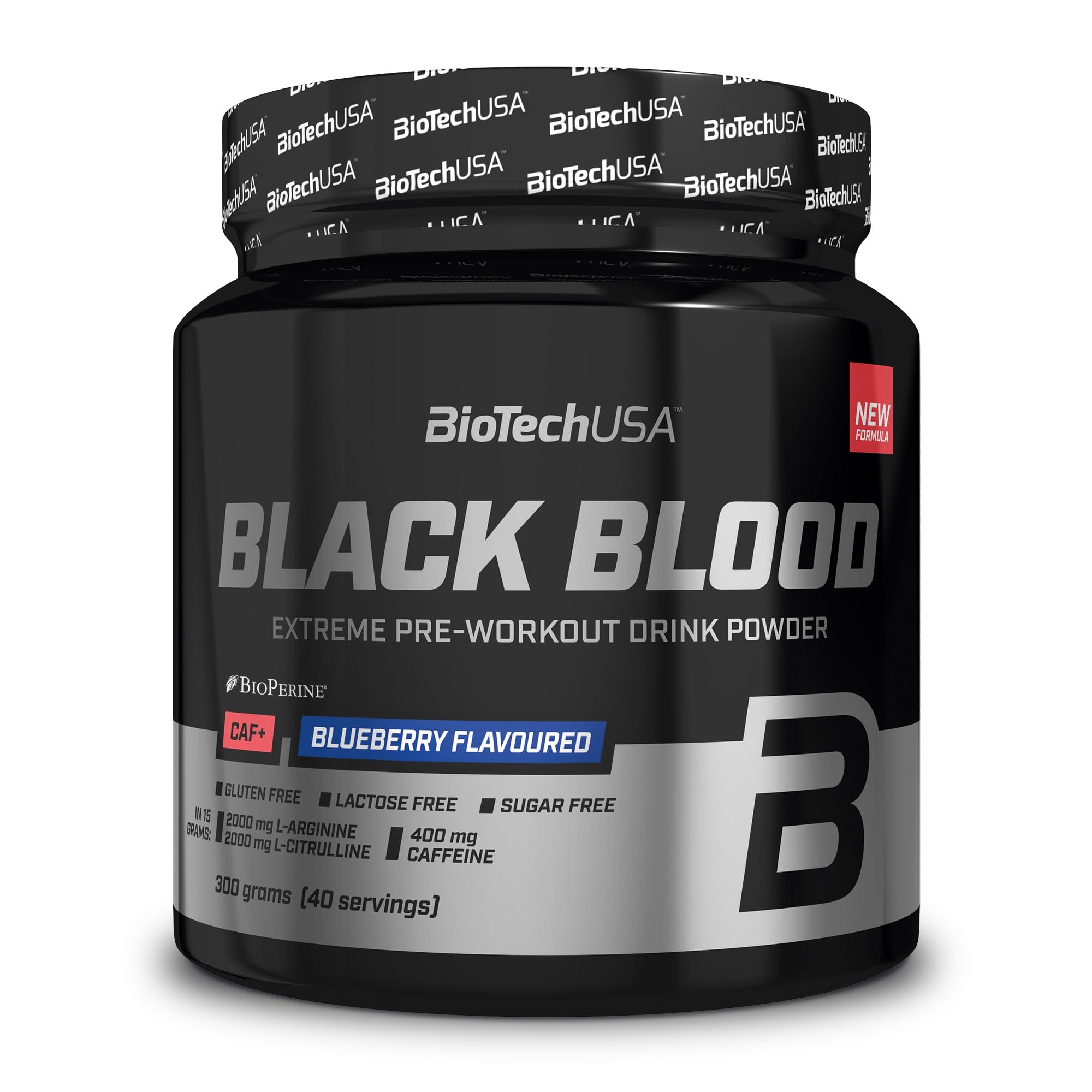 BioTechUSA Black Blood CAF+ | Preworkout Drink Powder | 12 Active Ingredients | 200mg Caffeine per Serving | Sugar, Lactose, and Gluten-Free, 300 g, Blueberry