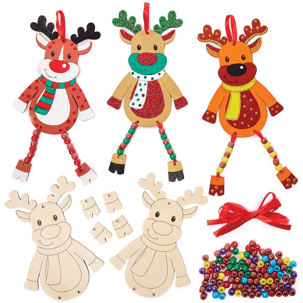 Baker Ross FX238 Reindeer Wooden Beading Decoration Kits - Pack of 5, Wood Craft Decorations for Kids Christmas Party, Arts and Crafts for Kids