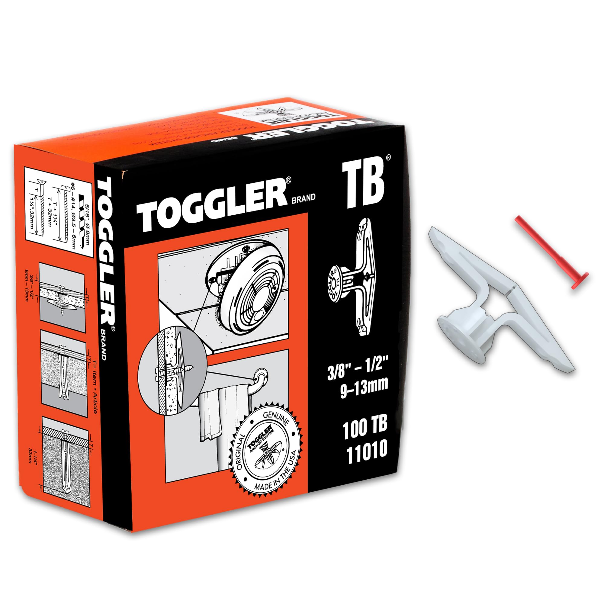 TOGGLER 104460847 Cavity dowels TB (for Plate Thickness 9-13 mm, Anti-Rotation Wings, Diameter Drill Hole 8 mm, Pack of 100) 11010, White, Set of 100 Pieces
