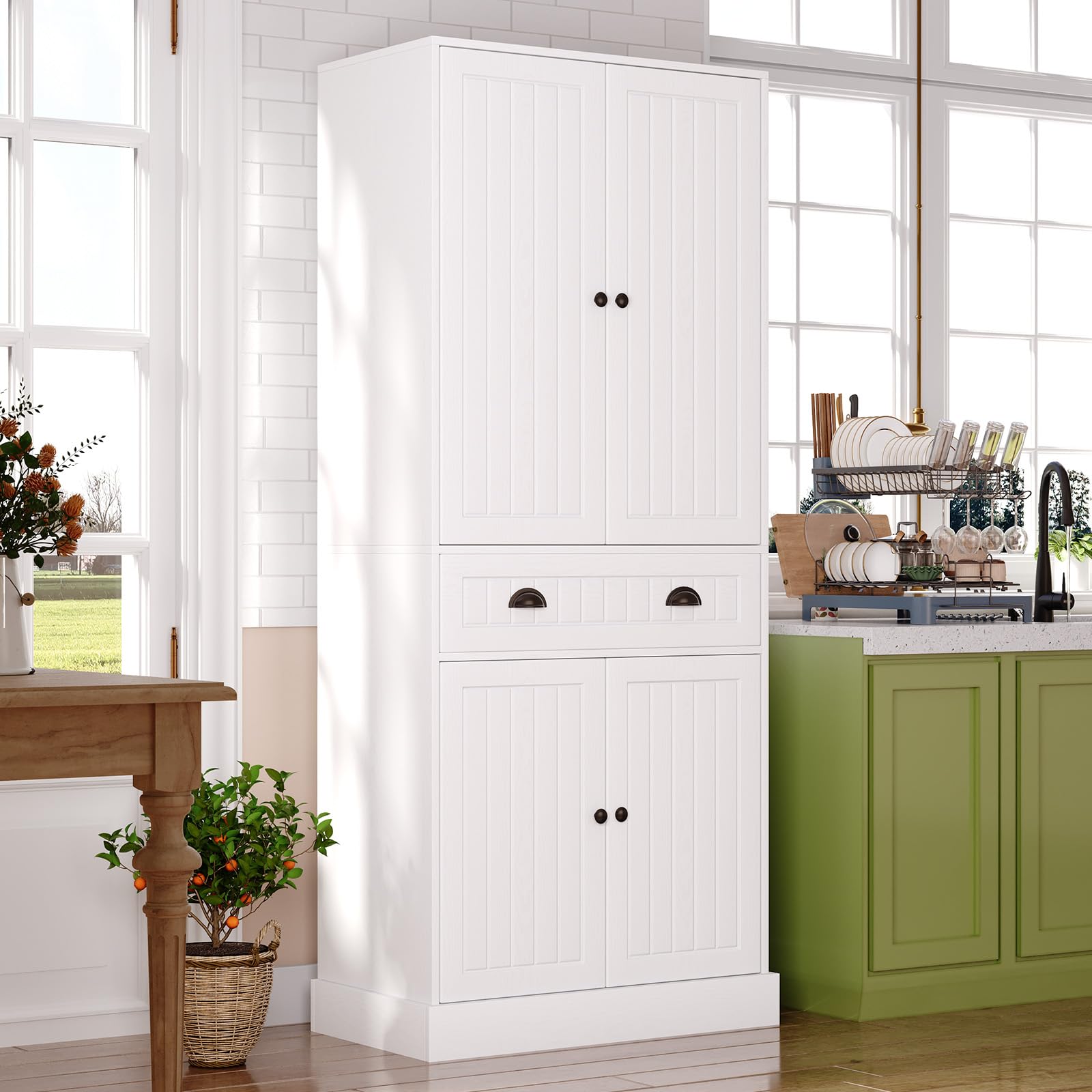 Photo 1 of ***PARTIAL SET*** ***READ CLERK NOTES*** 4 EVER WINNER 72" Tall Pantry Cabinet, Farmhouse Storage Cabinet with Adjustable Shelves and Drawers, Rustic Wood Cupboard for Kitchen, Dining, Living Room, White