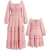 AWIBMK Mother Daughter Matching Boho Dress Long Sleeve Tiered Smocked Dress Holiday Wedding Mom and Me Fall Dress
