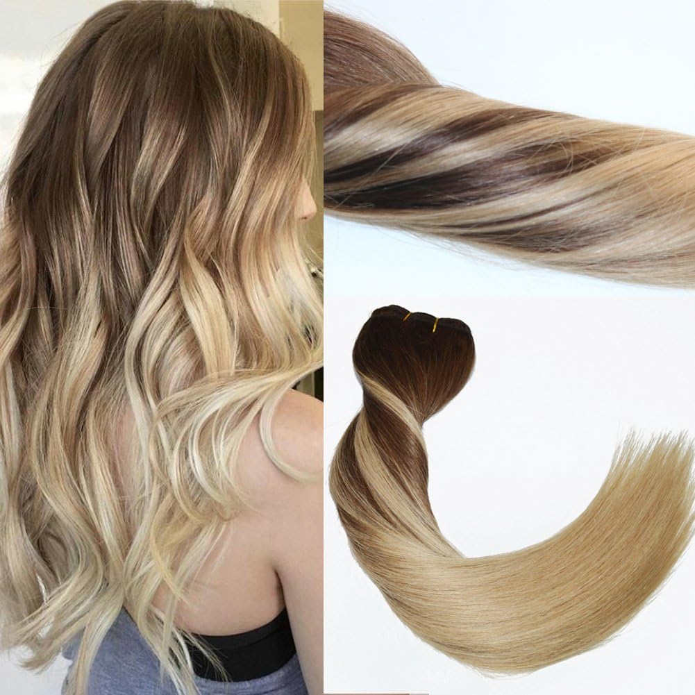 120Gram Virgin Remy Balayage Hair Clip in Extensions Ombre Medium Brown to Ash Blonde Highlights Real Human Hair Extensions (18 inch, 4/18)