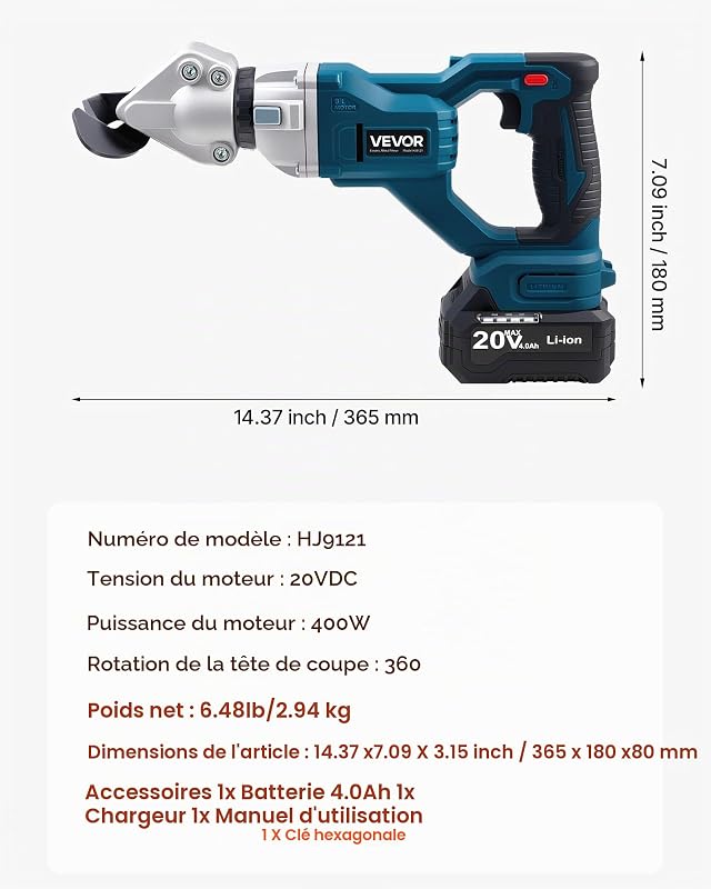 Cisaille à Tôle Électrique, 20 V CC, Cisaille à Métaux sans Fil avec Tête Pivotante 360°, Double Lame, pour Acier Galvanisé 1,22 mm, Acier Inoxydable 1 mm, Aluminium, Plastique, Carton, 2800 SPM