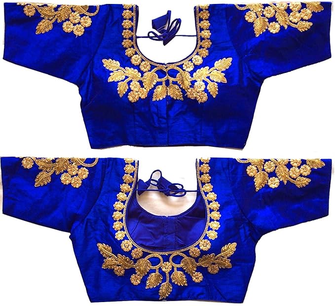 Women's Royal Blue Color Handwork Front Open Pattern Floral Embroidery Design Readymade Blouse For Saree and Lehenga Choli