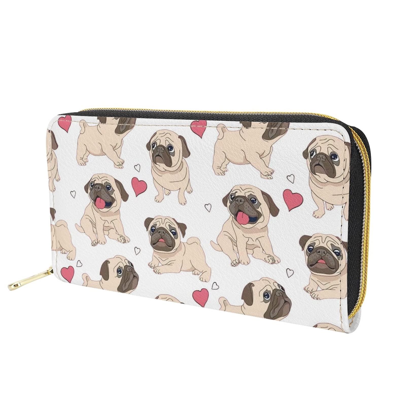 Dolyues Cute Cartoon Pug Dog Printed Women's Purse Pu Leather Wallet Large Capacity Zipper Credit Card Holder with Coin Pocket Xmas Gift