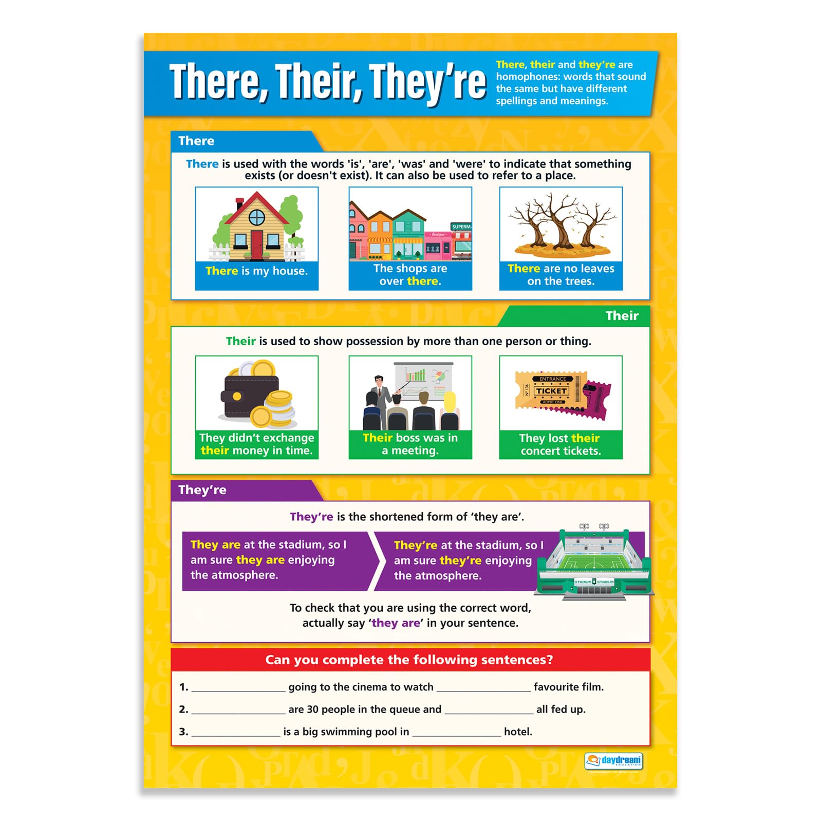 Daydream Education There, Their & They're | English Posters | Gloss Paper measuring 850mm x 594mm (A1) | Language Classroom Posters | Education Charts