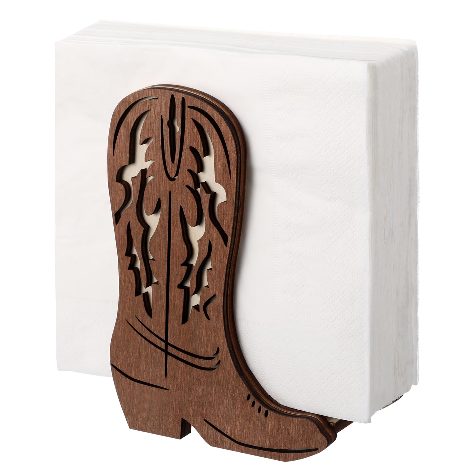 Photo 1 of CroBlissful Wooden Western Cowboy Boot Napkin Holder for Table Kitchen Farmhouse Napkin Dispenser Rustic Paper Holder Standing Brown for Western Party Decoration(1 Pcs,Wood)