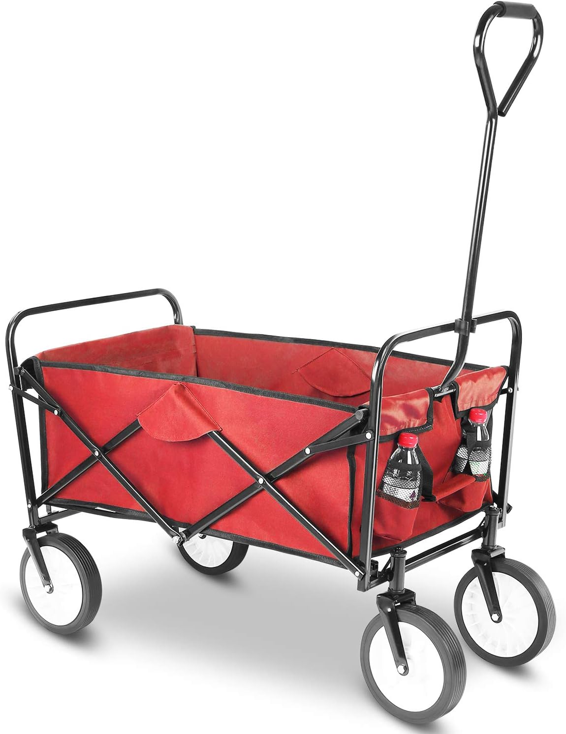 FIXKIT Collapsible Outdoor Utility Wagon, Folding Sturdy Garden Shopping Cart for Beach with All-Terrain Wheels (Red)