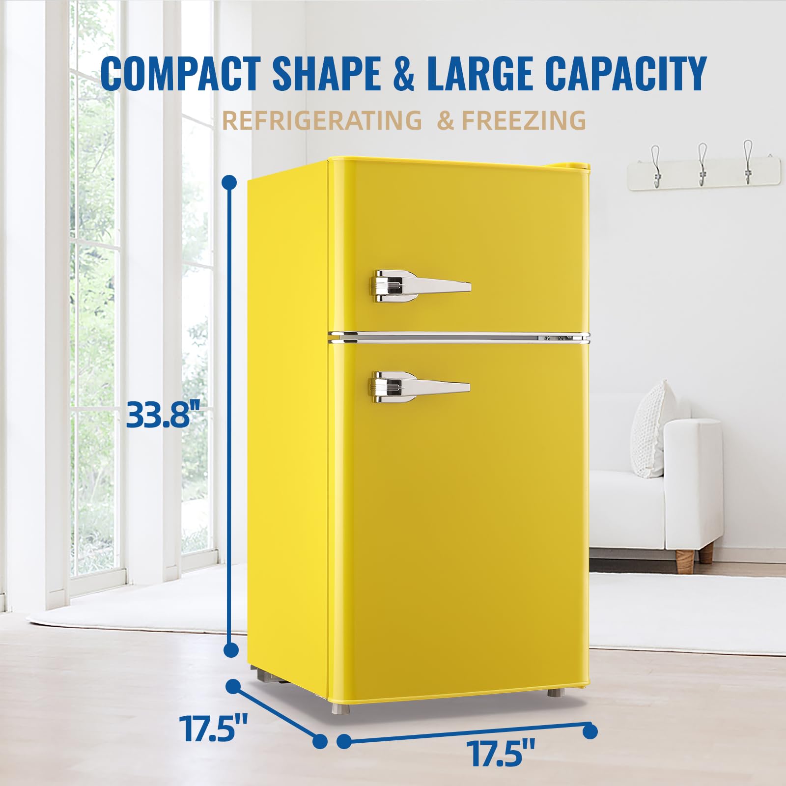 WANAI Compact Mini Refrigerator 3.5 Cu.Ft Small Refrigerator with Freezer, Retro Mini Fridge with Dual Door,7 Adjustable Thermostat, Adjustable Shelves For Dorm, Office Bedroom, Yellow