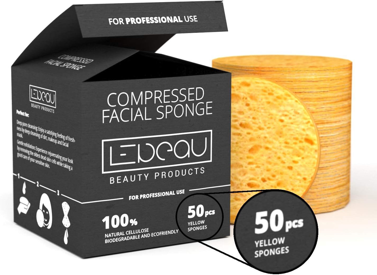 LeBeau Compressed Facial Sponges, Face Sponges for Cleansing, 100% Natural Cellulose Facial Sponge, Professional Spa Quality Face Sponge (50 counts, Yellow)