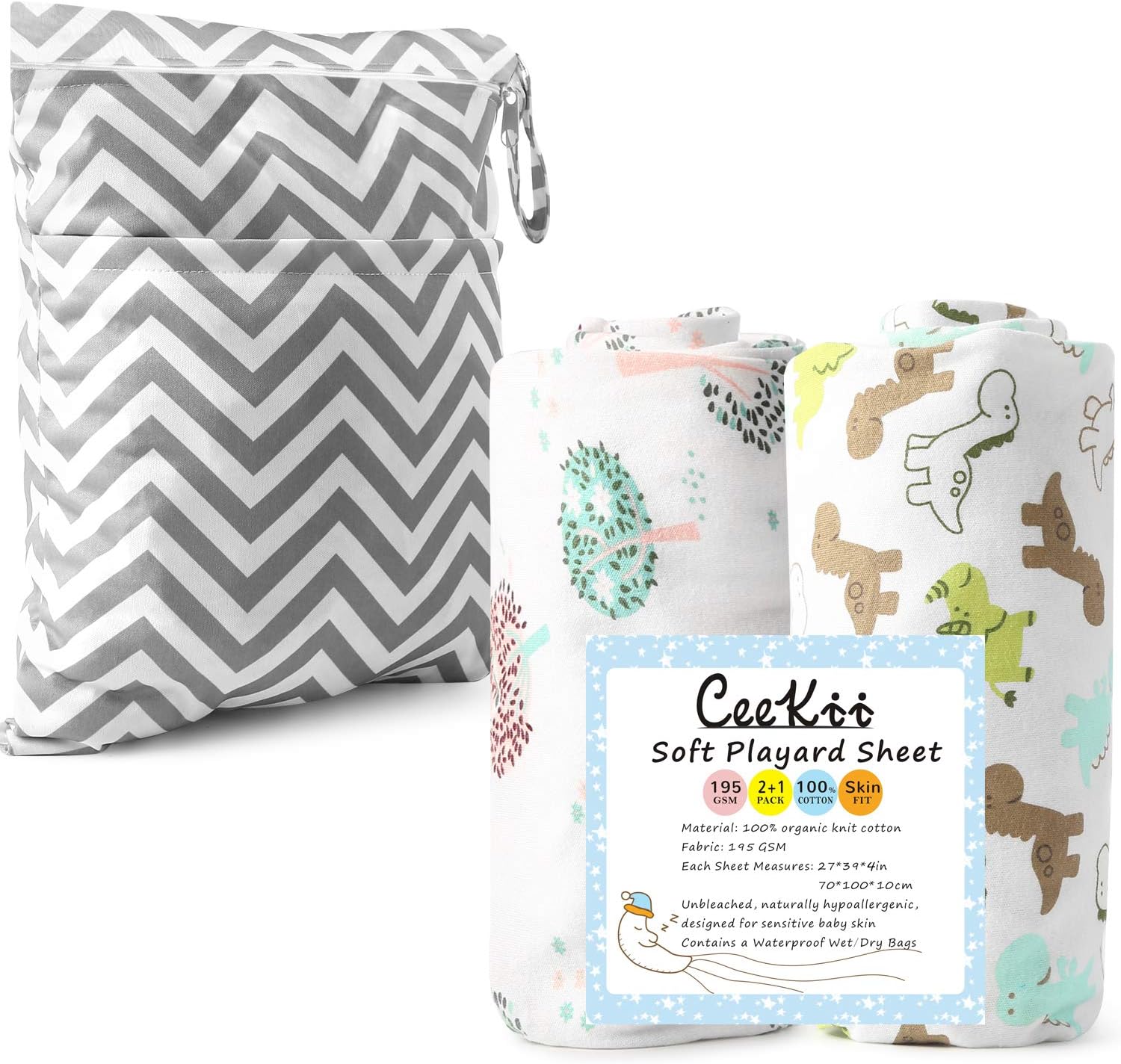 Portable Playard Sheets Mini Crib Fitted Sheets Set 2 Pack and 1 Pack Diaper Wet/Dry Bags,Washable Travel Bags with 2 Pockets