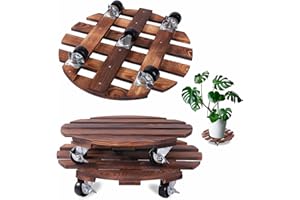 PRAQECZ 2 Pack Plant Caddy with 5 Wheels, 14" + 12" Rolling Plant Stand 220 LB Heavy Duty Wooden Round Plant Dolly with Metal 360° Lockable Caster Wheels for Outdoor Indoor Large Plant Pots, Flower Pot, Patio