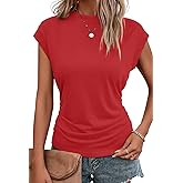 Bliwov Womens Summer Tops Cap Sleeve Crew Neck T Shirts Spring Trendy Fashion Outfits Business Beach Vacation Blouses Clothes Red