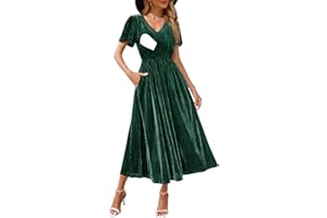CzzzyL Women's Nursing Short Sleeve V Neck Velvet Maxi Dress Flowy Wedding Party Dresses with Pockets
