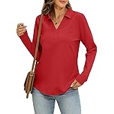 EasyGala Womens Cotton Long Sleeve Polo Shirts Casual V Neck Collared Tops Loose Fit Work Blouses Spring Outfits 2026