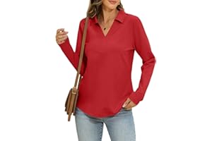 EasyGala Womens Cotton Long Sleeve Polo Shirts Business Casual V Neck Collared Tops Loose Fit Work Blouses Fall Outfits 2025