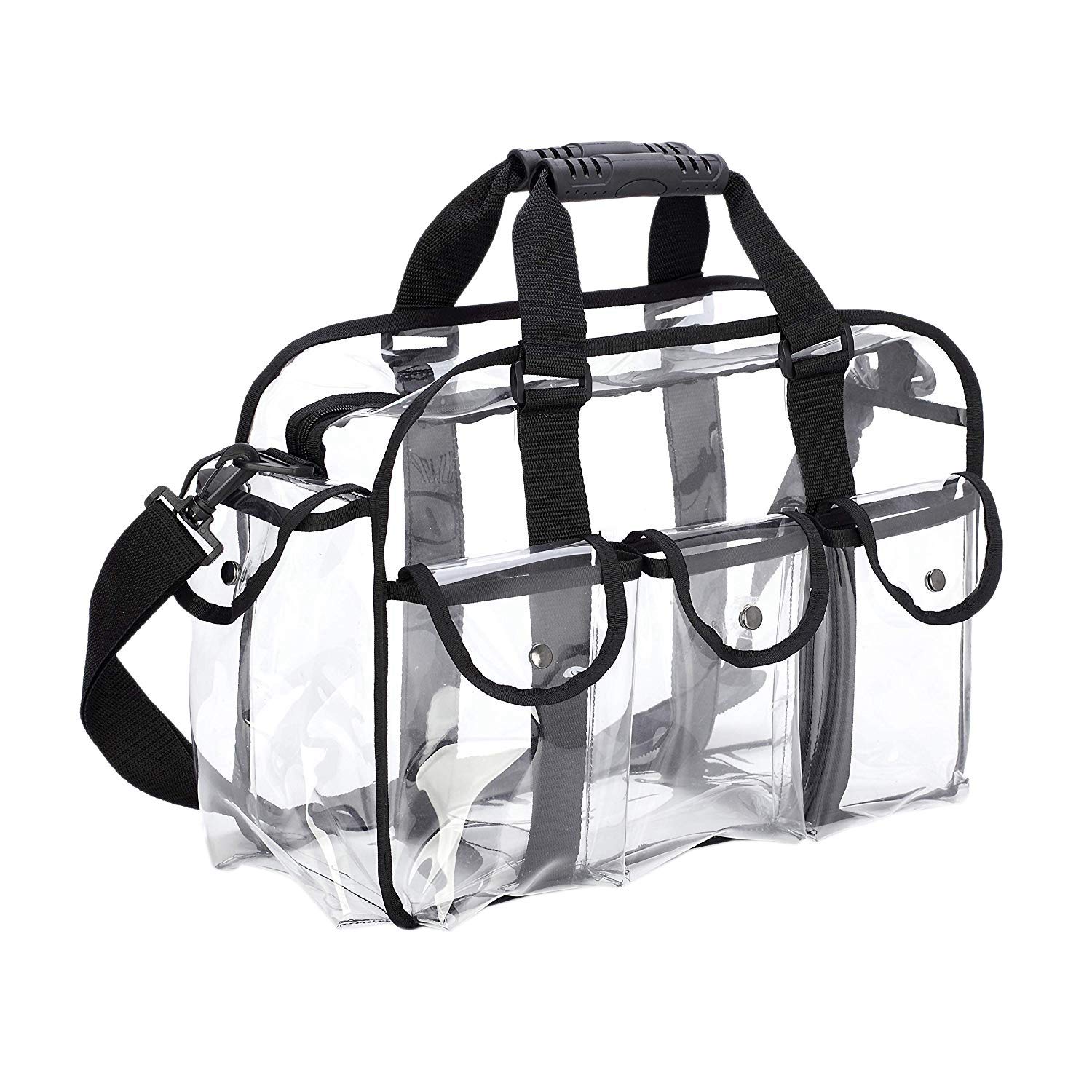 Clear Makeup Artist Bag, Storage Travel Zip Organiser with Handles, Side Pockets, Shoulder Strap & Compartments, PVC Plastic Vinyl