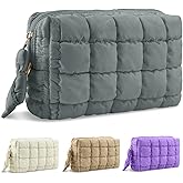 Puffer Quilted Makeup Bag Cosmetic Bags,Puffy Travel Toiletry Pouch for Women,Cute Checkered Zipper Bag Travel Essential,Portable Aesthetic Make up Organizer Bag for Gifts Work Daily(Grey,M)