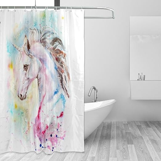 Jstel Watercolor Pink Und Blau Einhorn Duschvorhang Schimmelresistent Und Polyester Wasserdicht 182 9 X 182 9 Cm Fur Home Extra Lang Badezimmer Deko Dusche Bad Vorhange Liner Mit 12 Haken Amazon De Kuche Haushalt