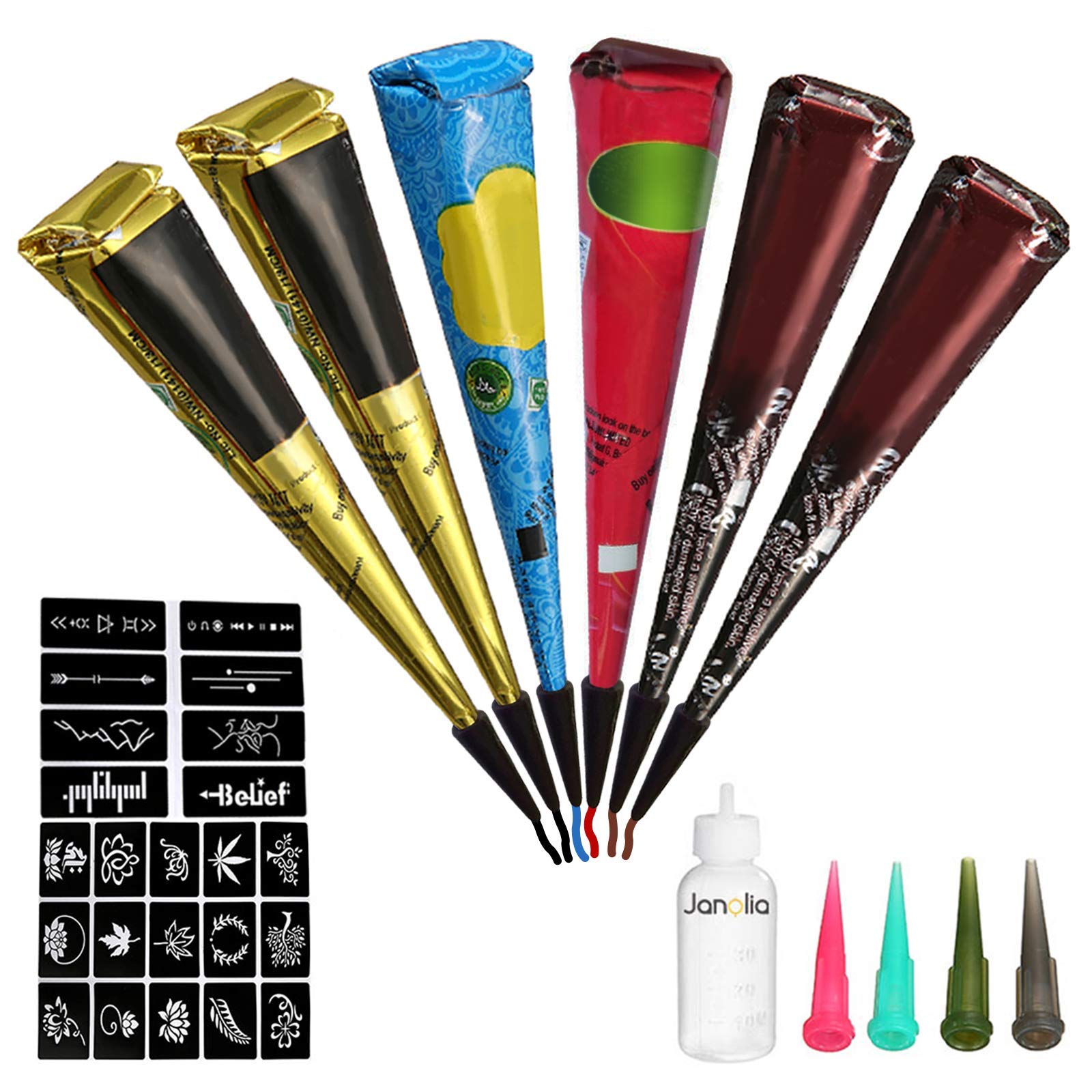 Janolia Temporary Tattoo Set, Tattoo Paste Cones of Multiple Colors, with Needles, Free Adhesive Stencils and Applicator Bottle, Safe Waterproof for Body Art Painting Drawing