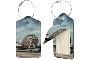 Airplane Art Luggage Tags for Suitcases, 2 PCS PU Leather Suitcase Tags Identifiers with Stainless Steel Loop, Privacy Cover 