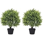 2ft Artificial Cedar Topiary Ball Trees Outdoor, 24" UV Resistant Faux Potted Plants Outside, Realistic Fake Greenery Evergreen Pine Cypress Bushes Shrubs for Front Porch Planter Indoor Decor Set of 2