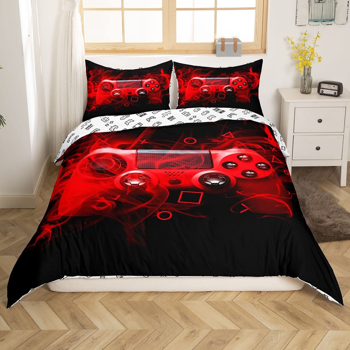 Homemissing Kids Gamer Duvet Cover Set Gamer For Boys Girls Video Game Controller Bedding Set Gaming Console Bedding & Linen Red Black Zipper King Size