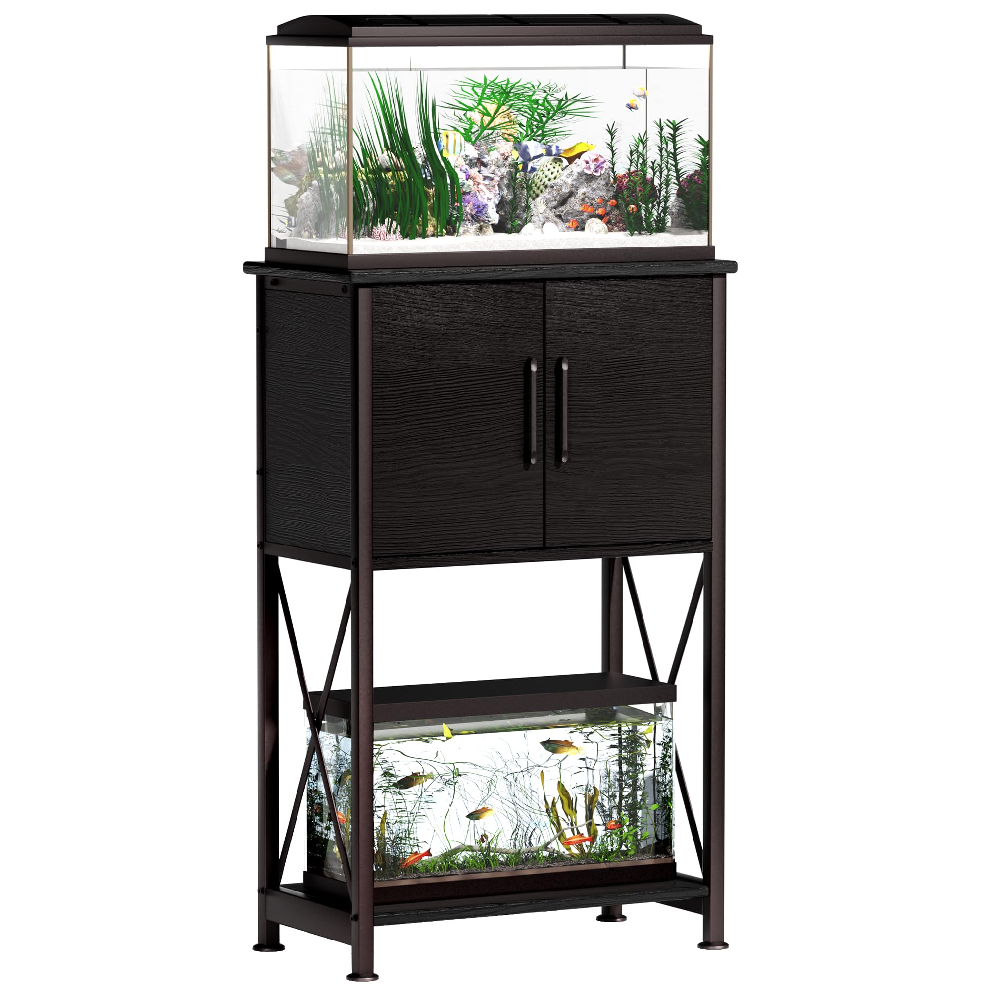 Photo 1 of Herture 5-10 Gallon Fish Tank Stand, Metal Double Aquarium Stand with Cabinet for Fish Tank Accessories Storage, Heavy Duty 20.5" L* 11.02" W Tabletop, 500LBS Capacity Black PG06YGB